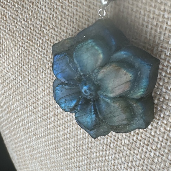 Blue/Rainbow Flash Labradorite Flower Pendant on Silver Bail and Faux Suede - Picture 5 of 15